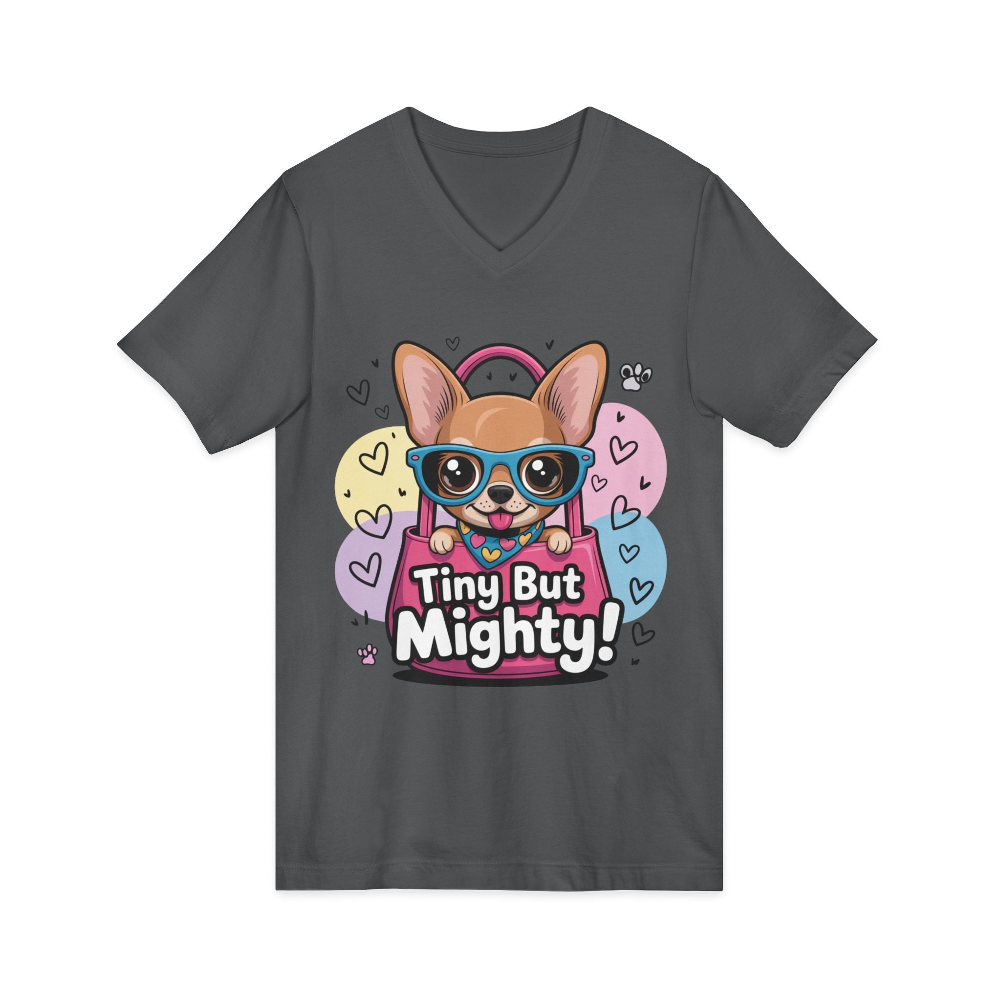 Tiny But Mighty Unisex Jersey Short Sleeve V-Neck Tee  Cute Dog Graphic Tee, Tiny But Mighty T-Shirt for Dog Lovers, Pet Mom Gift, Casual Unisex V-Neck Tee, Birthday Gift