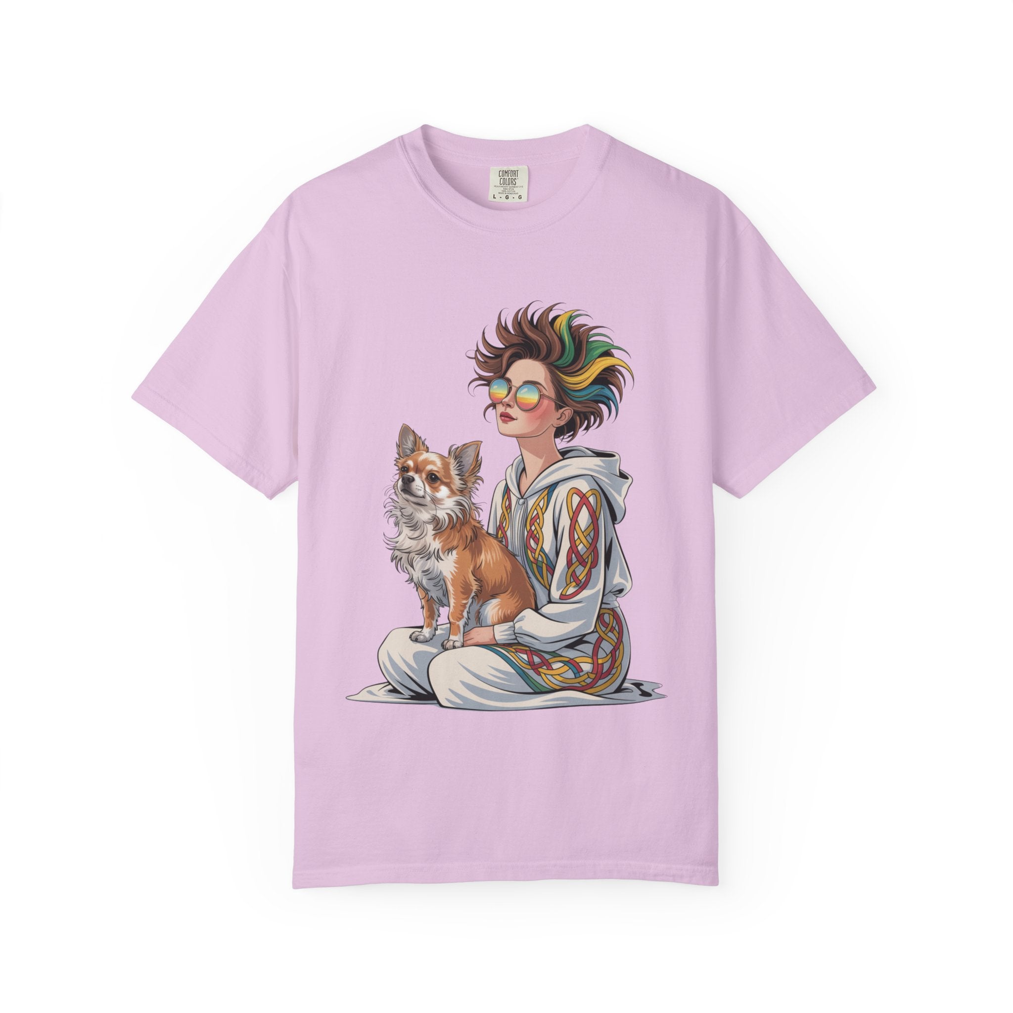 Nouveau-Style Digital Illustration of a Young Woman Sitting Gracefully Beside Her Chihuahua Unisex Garment-Dyed T-Shirt Bohemian Dog Lover T-Shirt - Unisex Vintage Style Tee, Perfect Gift for Pet Owners, Casual Wear, Dog Mom Shirt, Summer Essentials