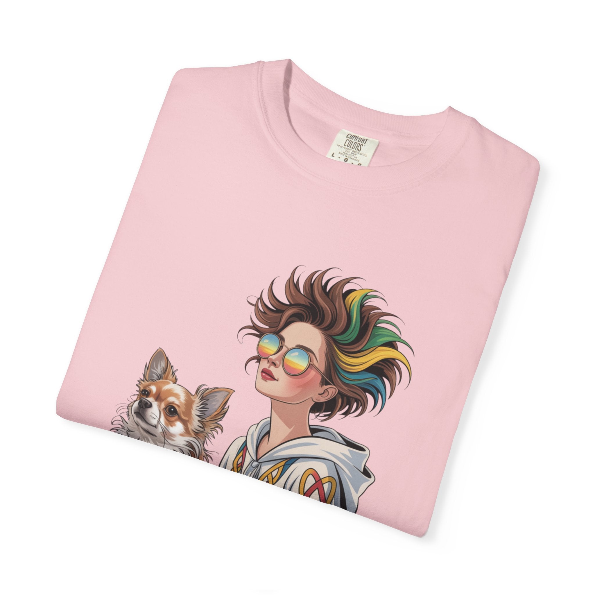 Nouveau-Style Digital Illustration of a Young Woman Sitting Gracefully Beside Her Chihuahua Unisex Garment-Dyed T-Shirt Bohemian Dog Lover T-Shirt - Unisex Vintage Style Tee, Perfect Gift for Pet Owners, Casual Wear, Dog Mom Shirt, Summer Essentials