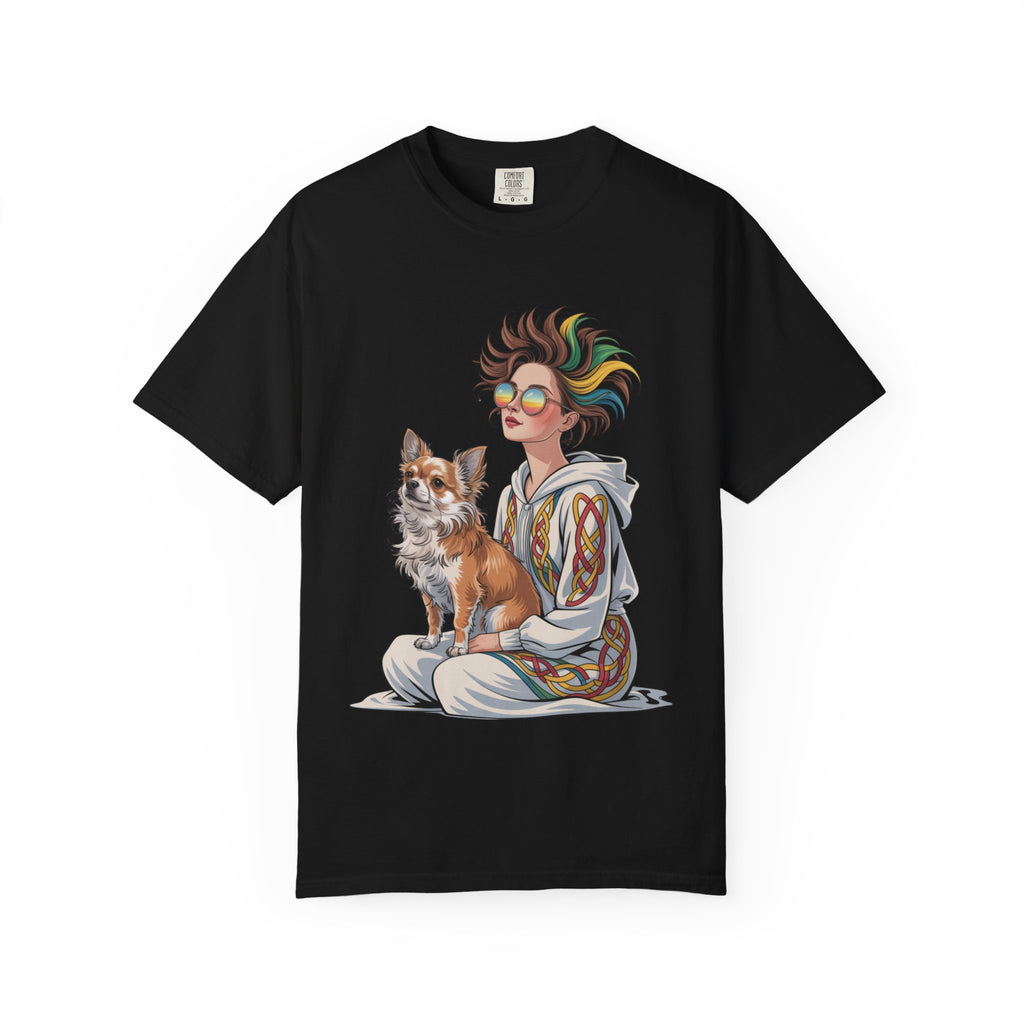 Nouveau-Style Digital Illustration of a Young Woman Sitting Gracefully Beside Her Chihuahua Unisex Garment-Dyed T-Shirt Bohemian Dog Lover T-Shirt - Unisex Vintage Style Tee, Perfect Gift for Pet Owners, Casual Wear, Dog Mom Shirt, Summer Essentials