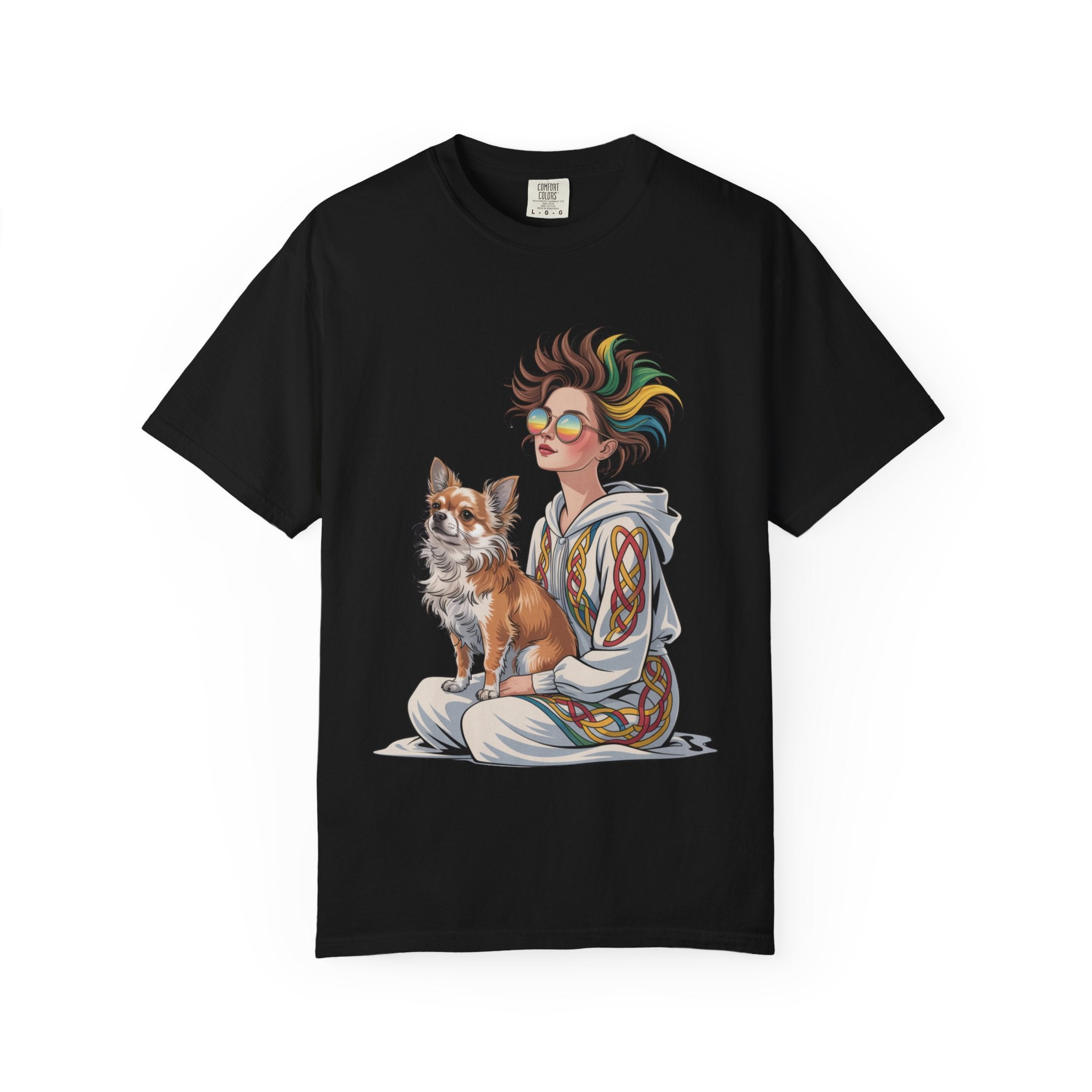 Nouveau-Style Digital Illustration of a Young Woman Sitting Gracefully Beside Her Chihuahua Unisex Garment-Dyed T-Shirt Bohemian Dog Lover T-Shirt - Unisex Vintage Style Tee, Perfect Gift for Pet Owners, Casual Wear, Dog Mom Shirt, Summer Essentials